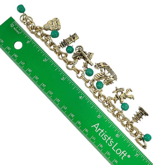 Vintage Asian Pagoda Charm Bracelet Buddha Ship Faux Jade Green Beads 1970s 7” - Picture 4 of 6